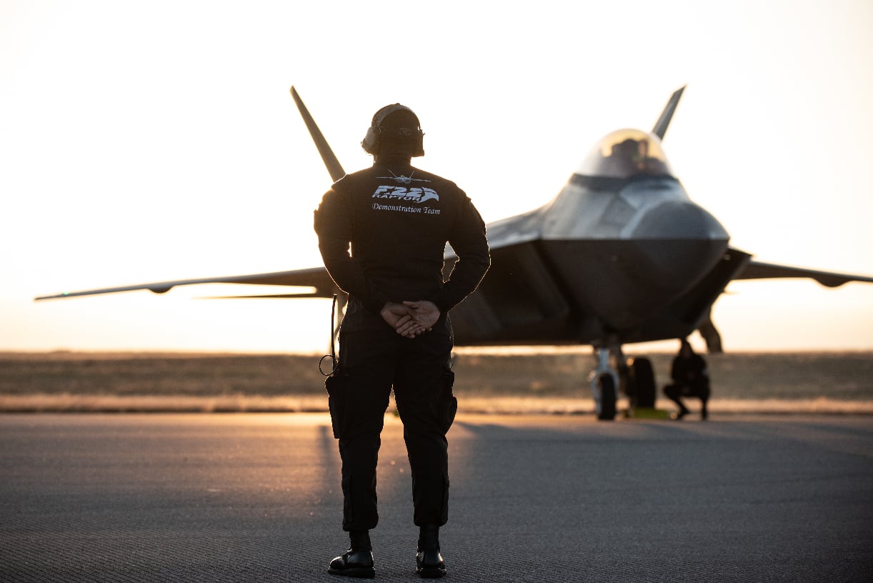 The sun rises over a U.S. Air Force F-22 Raptor during the Sheppard Air Force Base Guardians of Freedom Air Show, Oct. 28, 2019. The Raptors were in town to perform during the two-day air show in Wichita Falls, Texas. (U.S. Air Force photo by 1st Lt. Sam Eckholm)